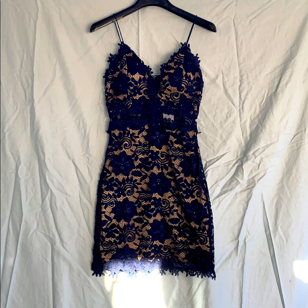 Windsor navy blue and tan lace mini dress